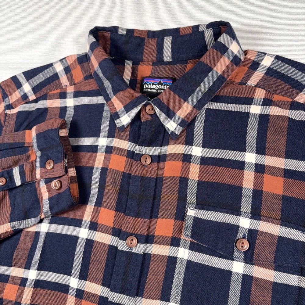 Patagonia Fjord Flannel Shirt Mens Size L Blue Orange Cotton Long Sleeve Button